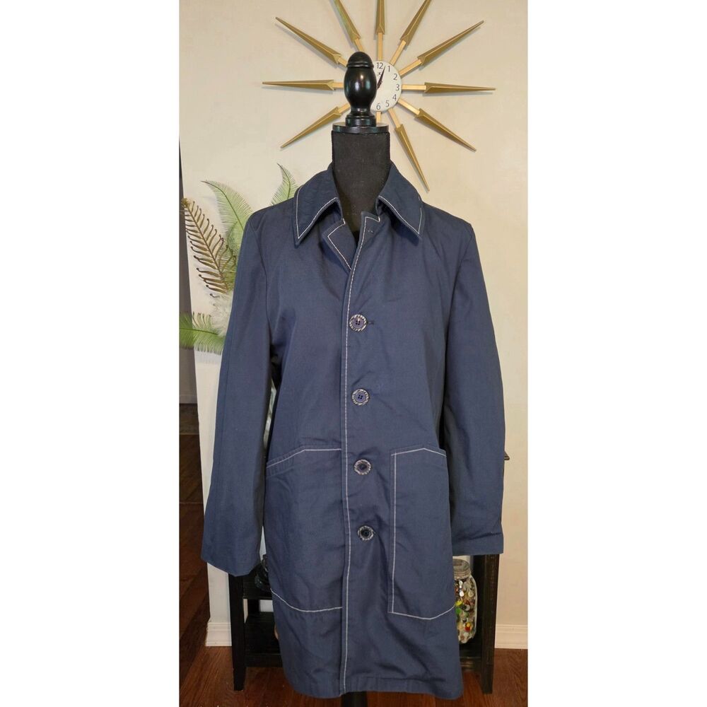 Vintage Rainfair Navy Blue Contrast-Stitch Coat – Size 36